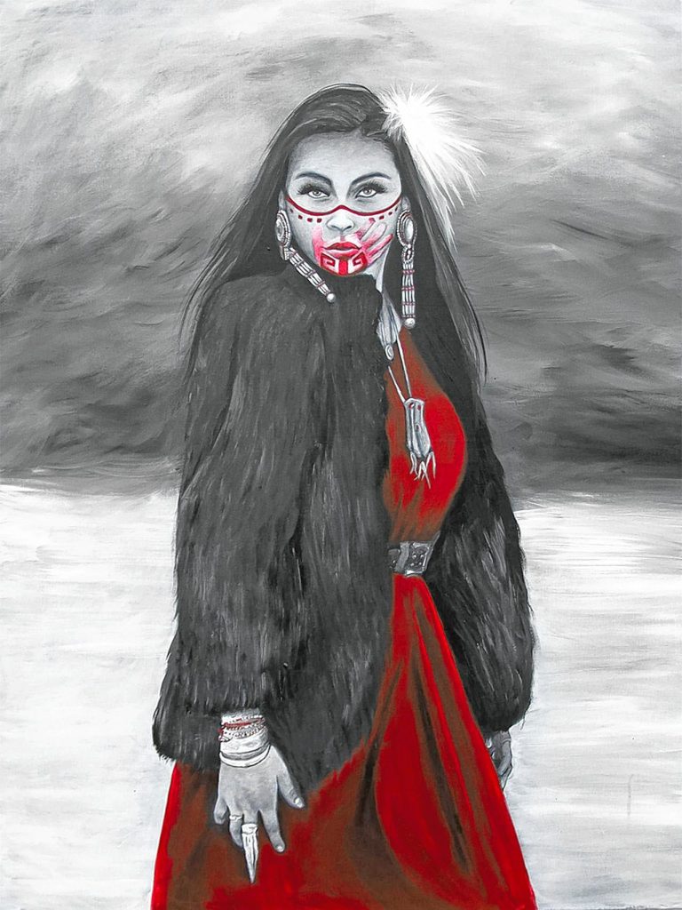 Mostly grayscale portrait of indigenous woman in red dress with face markings and red hand print over her mouth