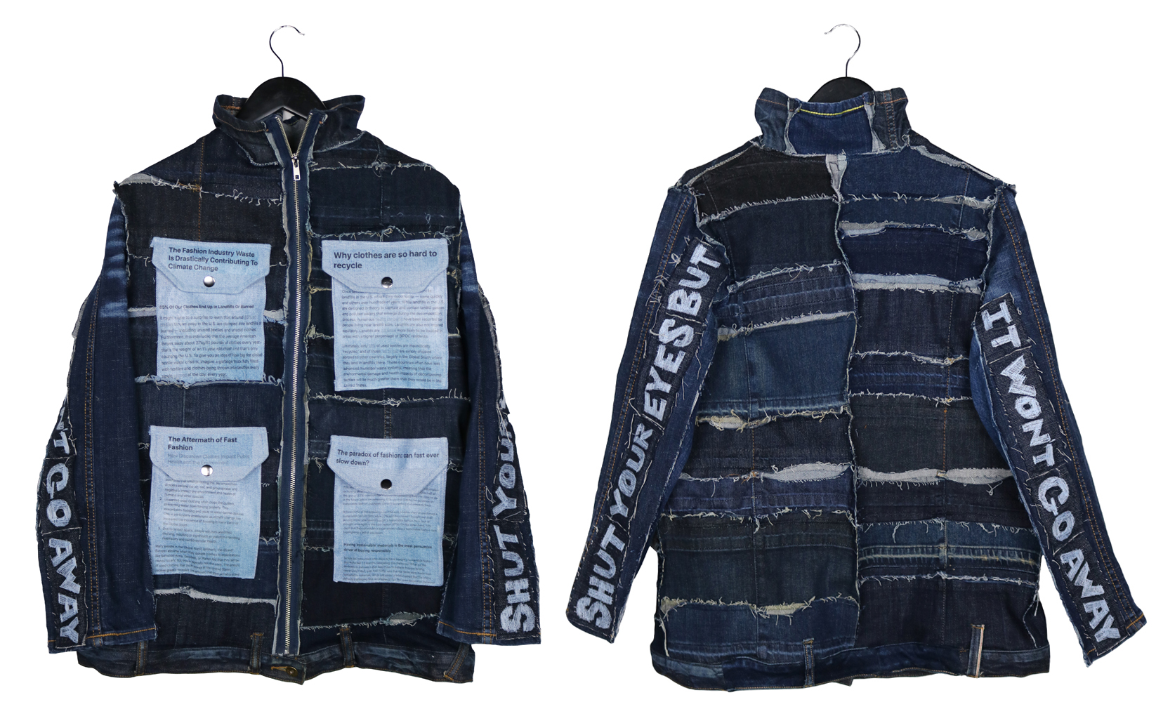 Jacket made up upcycled clothing scraps with messages about clothing industry's environmental impact