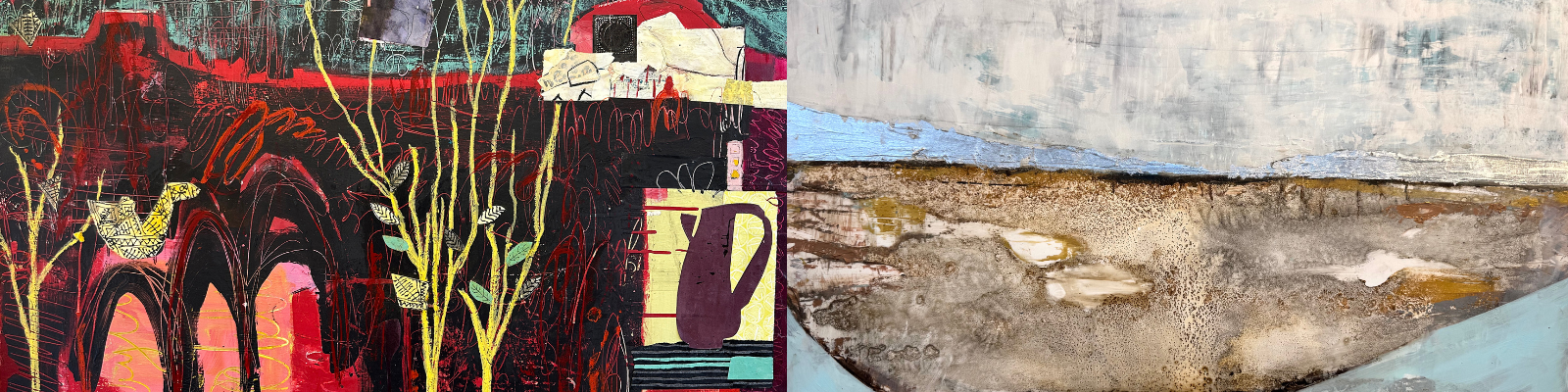 Corcelle, Christiane, No Straight Roads Here, 2025. Mixed media on canvas. Goldman-Callahan, Jill, Strength, 2024. Coffee and gouache on Yupo paper on panel. 