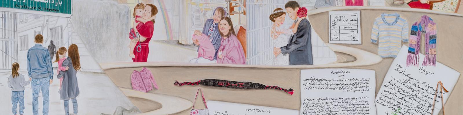 Painting with imagery of domestic life, motherhood and incarceration by Maryam Safajoo