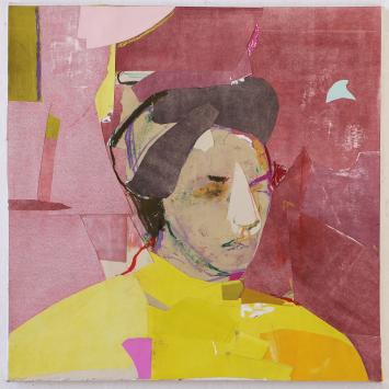 "The Woman I Do Not Know", oil, monotype, paper, pastel on canvas 20” x 20” 2016 Painting of a woman's face blurred