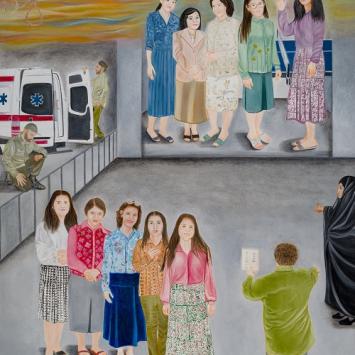 Painting details - Iranian women in line by ambulance