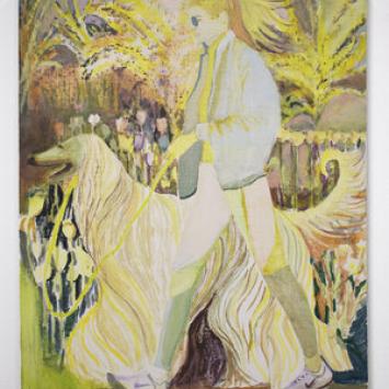 Yellow painting of a woman walking a dog with long hair