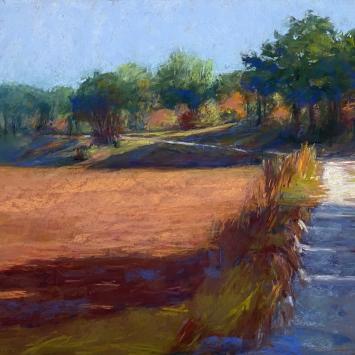 Pastel painting of a road by a cranberry bog