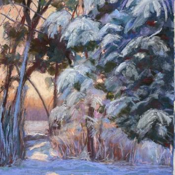 Pastel drawing of a snow covered tree in winter