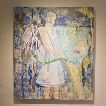 "Reluctant Daughter" by Elizabeth King Painting of a woman watering plants with a hose