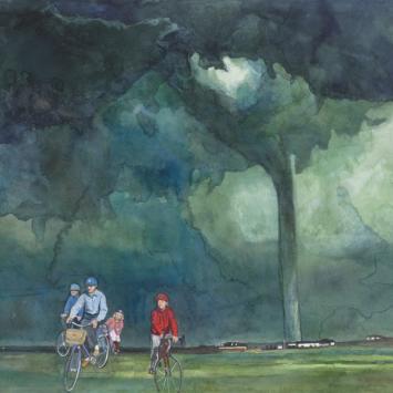 Painting depicting a family riding bikes in a park, against a backdrop of a dark looming cloud -- possibly a severe storm or mushroom cloud 