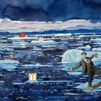 Painting depicting Buster Keaton surfing with hamburger in hand, amidst glacial melt and fast food chain logos, critiquing the environmental impact of global beef consumption