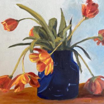 Pastel ijage of a vase filled with bending tulips