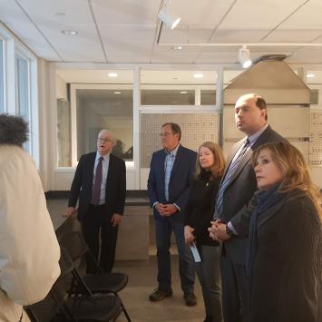 Brian Boruta explains the new theater plans to MA State Senators Jamie Eldridge and Michael Barrett, Representative Tami Gouveia, Umbrella ED Jerry Wedge and Mass Cultural Council ED Anita Walker