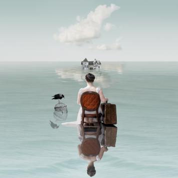 Teresa Meier - The Approach Woman in shallow ocean sitting on a chair with bird cage