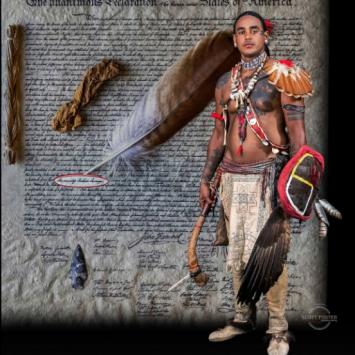 Image of Native American man in regalia against a backdrop of the Declaration of Independence