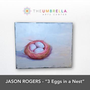 Painting of 3 white eggs nestled inside a nest painted by Jason Rogers