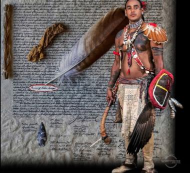 Image of Native American man in regalia against a backdrop of the Declaration of Independence