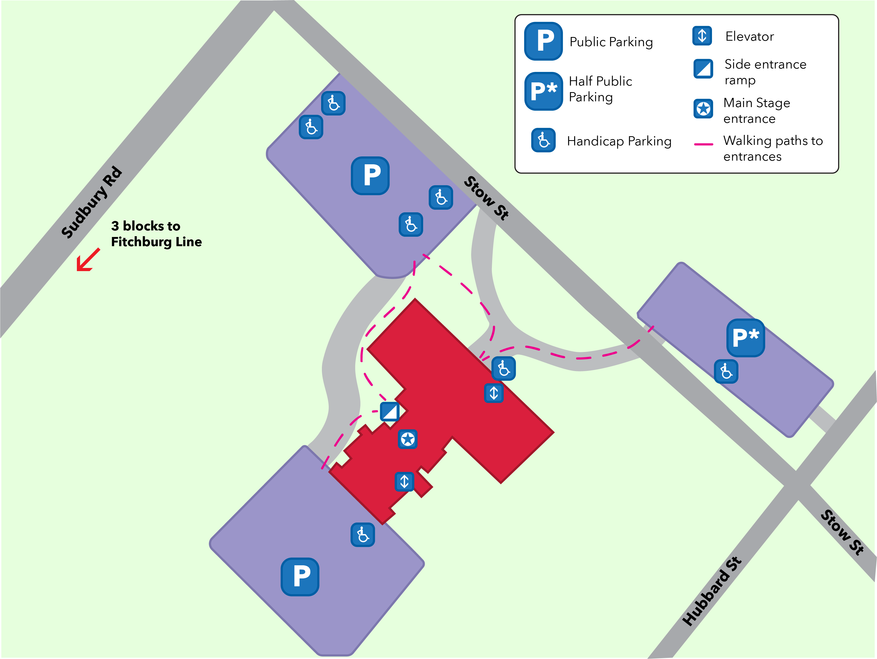 Map of ADA parking and entrances around The Umbrella.